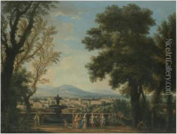 An Extensive Italianate Landscape With Elegant Figures On A Terrace Overlooking A Town Oil Painting - Isaac de Moucheron