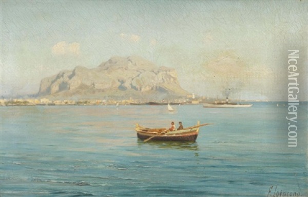 The Bay Of Palermo, With The Mount Pellegrino In The Distance Oil Painting - Francesco (Luigi) Lojacono