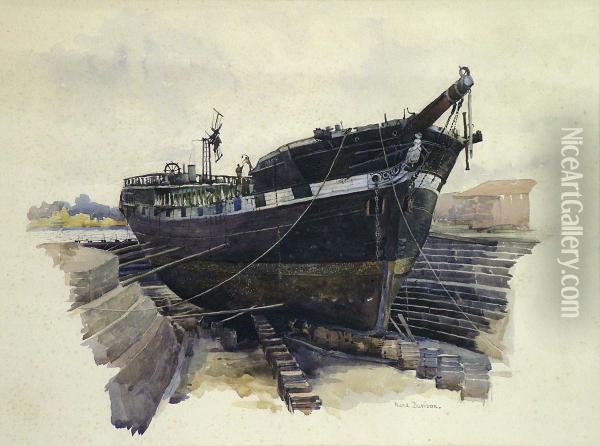 Large Ship Having Repairs In Dry Docks Oil Painting - Nora Davison