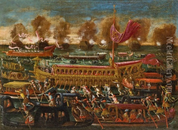 Schiffsprozession Am Himmelfahrtstag In Venedig Oil Painting - Joseph Heintz the Younger