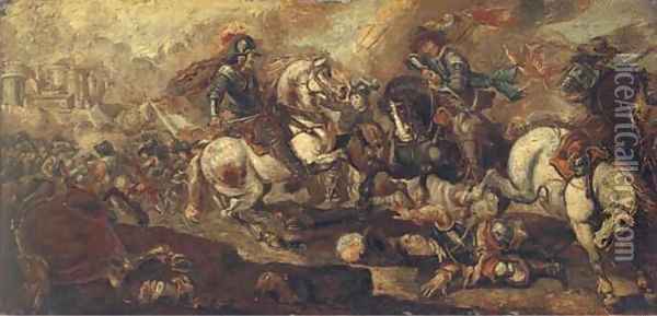 A cavalry battle before a castle Oil Painting - Jacques Courtois