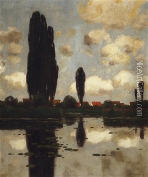 Blick Auf Einen See Nahe Eines Dorfes Oil Painting - Carl Kuestner