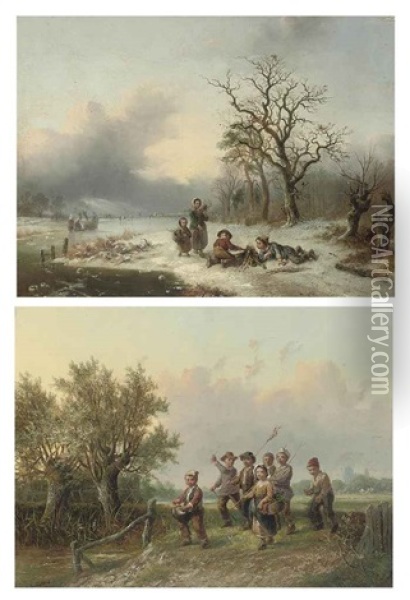 Lighting A Fire On The Riverbank (+ Off To Battle; Pair) Oil Painting - Alexis de Leeuw