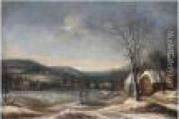 A Winter Landscape With Skaters On A Lake, A Village Beyond Oil Painting - Daniel van Heil