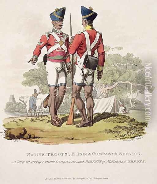 Native Troops in the East India Companys Service a Sergeant of Light Infantry and a Private of the Madras Sepoys, engraved by Joseph Constantine Stadler, 1815 Oil Painting - Charles Hamilton Smith