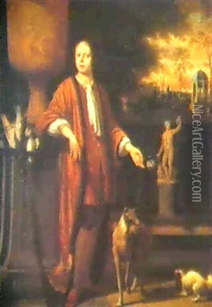Portrait Of A Young Man, Full Length, Standing, Beside An   Urn In A Park Setting Oil Painting - Ludolf Backhuysen the Elder