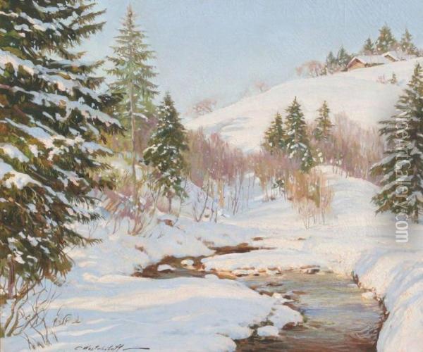 Snowy Stream In A Winterlandscape Oil Painting - Constantin Alexandr. Westchiloff