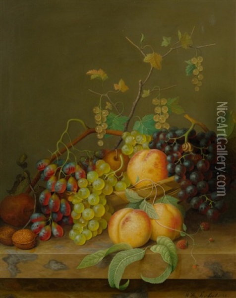 Still Life With Grapes, Peaches And Walnuts On A Marble Slab Oil Painting - Willem Verbeet