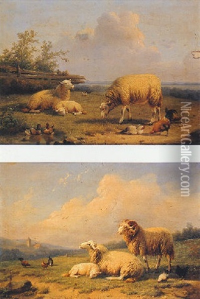 Sheep, Ducks And Poultry In A Landscape Oil Painting - Cornelis van Leemputten