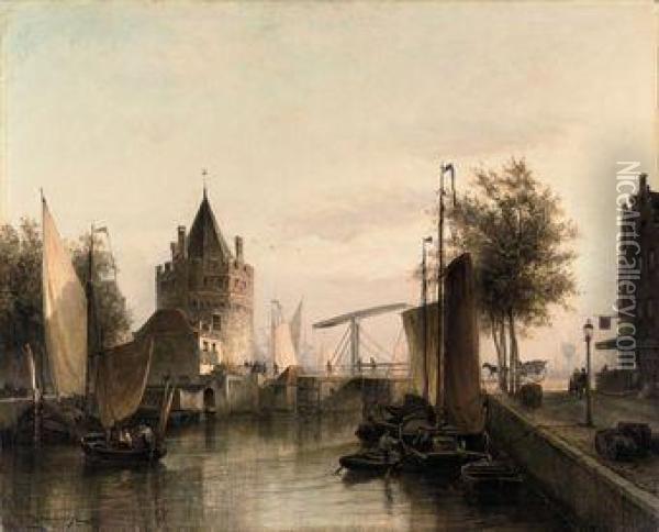 View Of Amsterdam, With The Schreierstoren Oil Painting - Cornelis Christiaan Dommersen