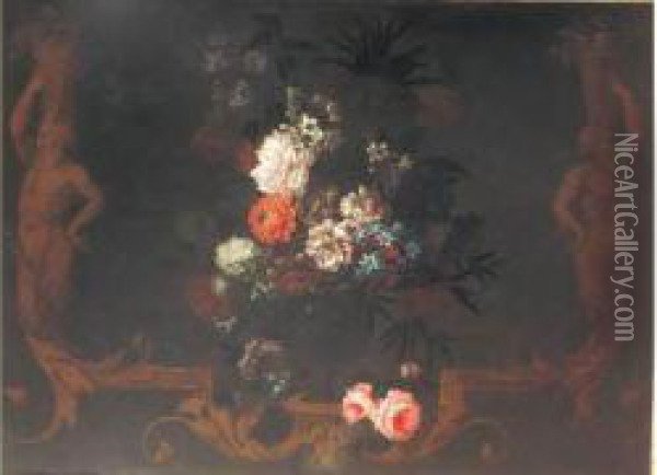 Bouquet De Fleurs Dans Un Vase En Verre Oil Painting - Nicolas Ricoeur