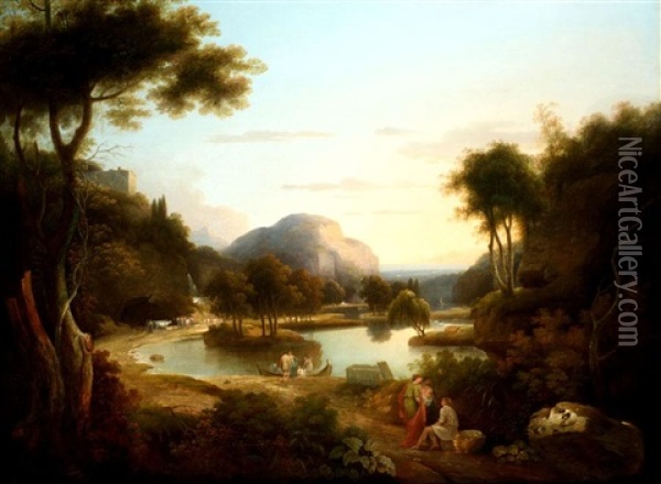 Classical Figures In An Extensive Italianate Landscape (lake Arno?) Oil Painting - Samuel James Ainsley