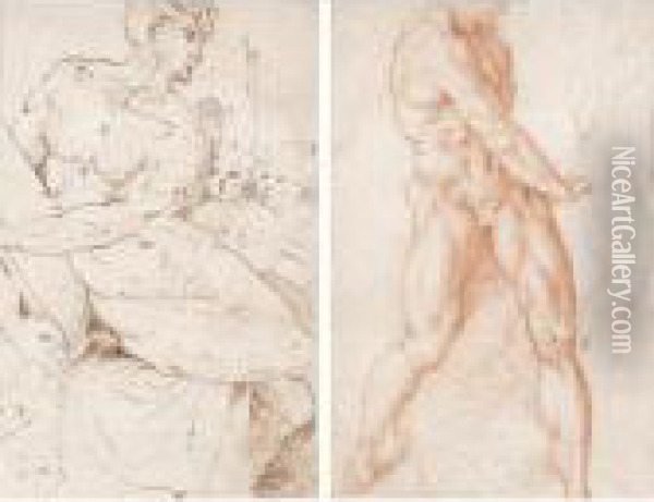 A Male Nude Holding A Tablet A Male Nude And Sketches Of A Torso And A Leg Oil Painting - Domenico Beccafumi