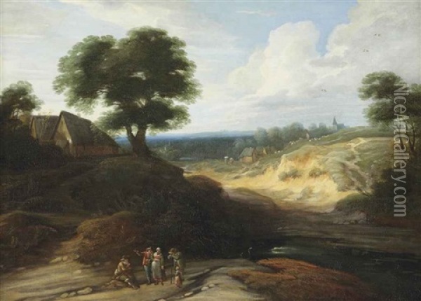 A Hilly Landscape With Figures Conversing On A Track, A Shepherd And His Cattle Beyond Oil Painting - Lodewijk De Vadder