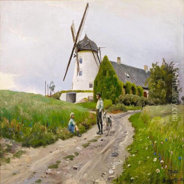 Landscape With A Boy Anda Girl By The Mill Oil Painting - Peder Mork Monsted