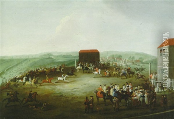 Racing At Newmarket, The Finish Oil Painting - James Ross