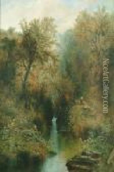 A Stream Through A Wooded Landscape Oil Painting - William Widgery