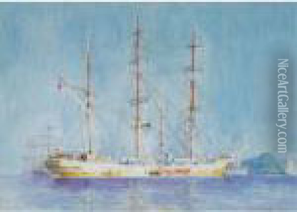 A French Square-rigged Ship At Anchor Oil Painting - Henry Scott Tuke