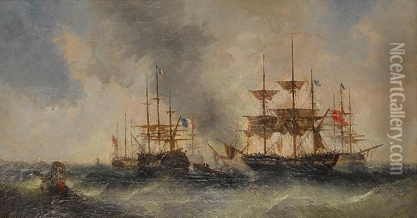 Fort Rouge, Calais; Ships At Anchor In Choppy Seas Oil Painting - William McAlpine