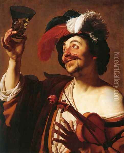 The Happy Violinist with a Glass of Wine Oil Painting - Gerrit Van Honthorst