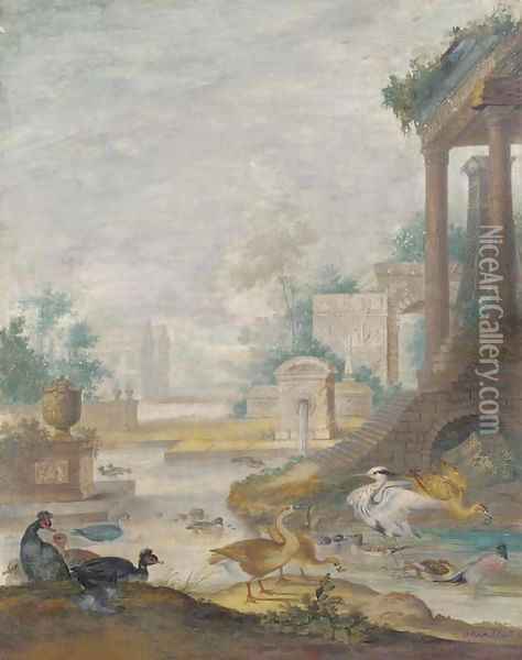 A classical landscape with wildfowl Oil Painting - Johannes Bronkhorst