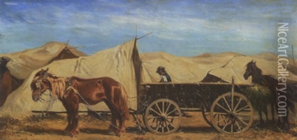 Pferdefuhrwerk Vor Einem Ungarischen Zigeunerlager Oil Painting - Alexander Ritter Von Bensa