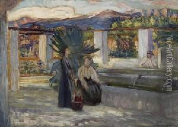 Two Women By The Fountain Oil Painting - Dora Hitz