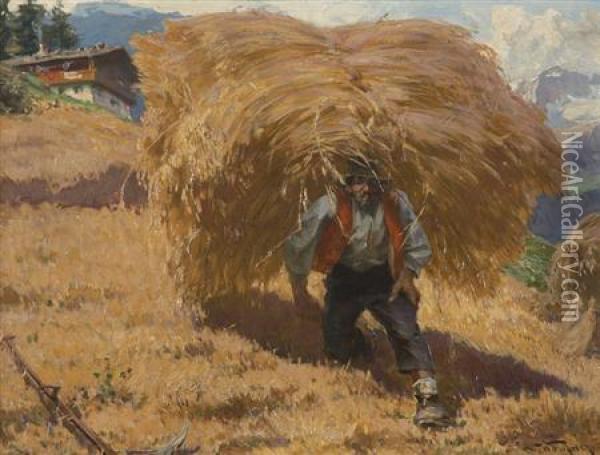 Austrian, - Harvest In Taufers Oil Painting - Josef Wopfner