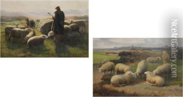 Schapenherder, 
Ruggelings Met Kudde Oil Painting - Jef Louis Van Leemputten
