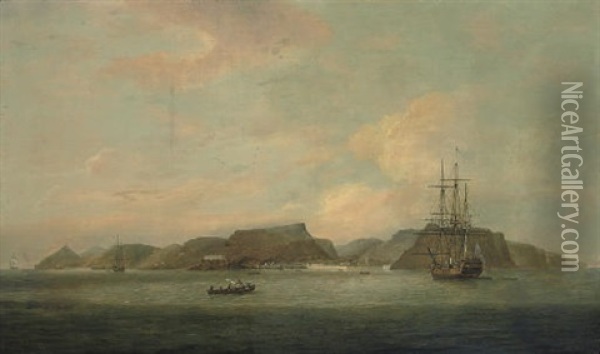 An English Frigate At Anchor Off The Island Of St. Helena, With A View Of Jamestown Beyond Oil Painting - Thomas Luny