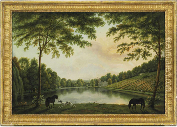 View Of Lord Hamilton's 
Landscape Garden At Painshill, Surrey,from The East End Of The Lake With
 The Vineyard And Ruined Abbey Oil Painting - George Cuitt