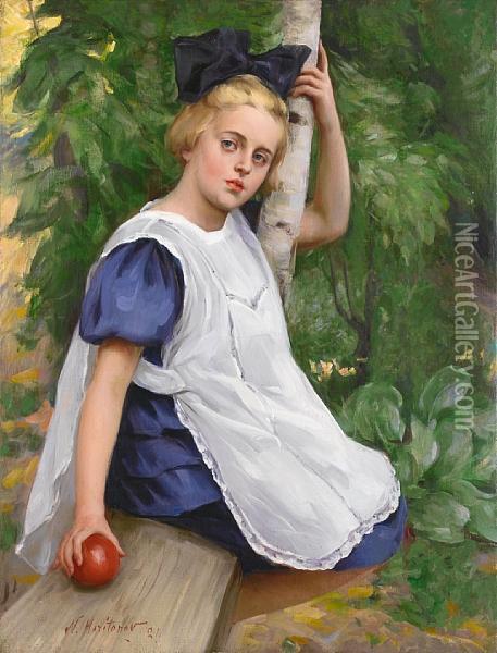 Young Girl With An Apple Oil Painting - Nicholas Basil Haritonoff