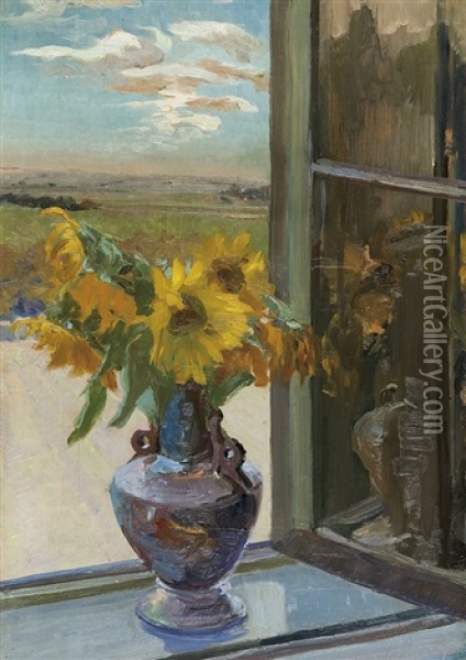 Sunflowers, Before September Oil Painting - Ignacy Pinkas