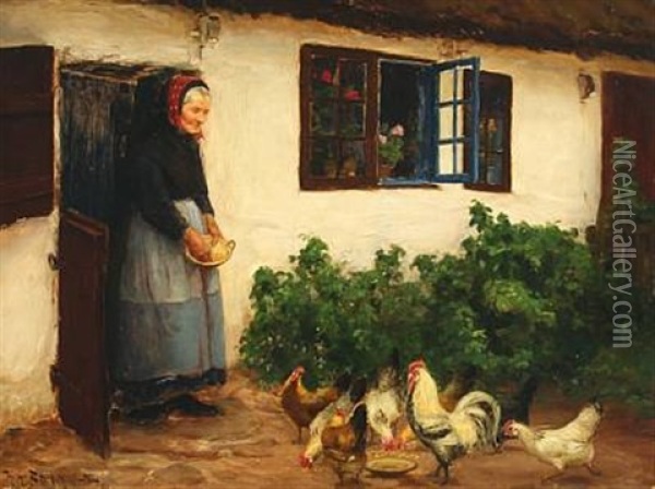An Old Woman Is Feeding Her Chicken In Front Of A White House Oil Painting - Hans Andersen Brendekilde