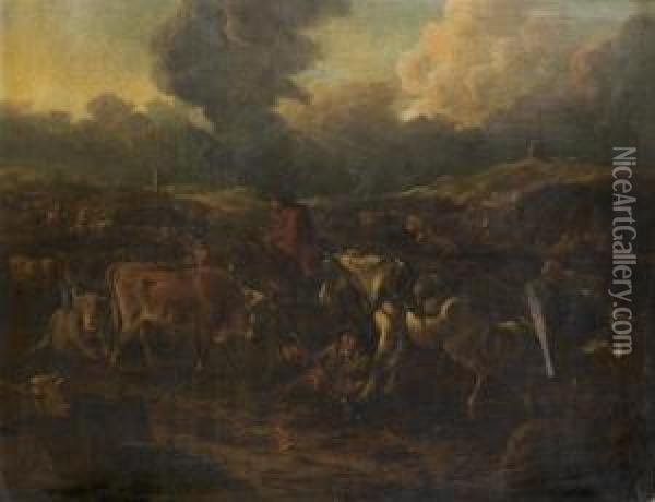 Bergers Et Leur Troupeau Dans Un Paysage Oil Painting - Dirk van Bergen