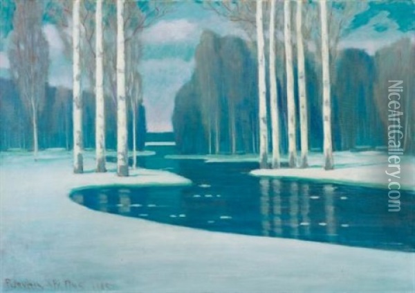 Birch Trees By A River Oil Painting - Vilhelms Purvitis