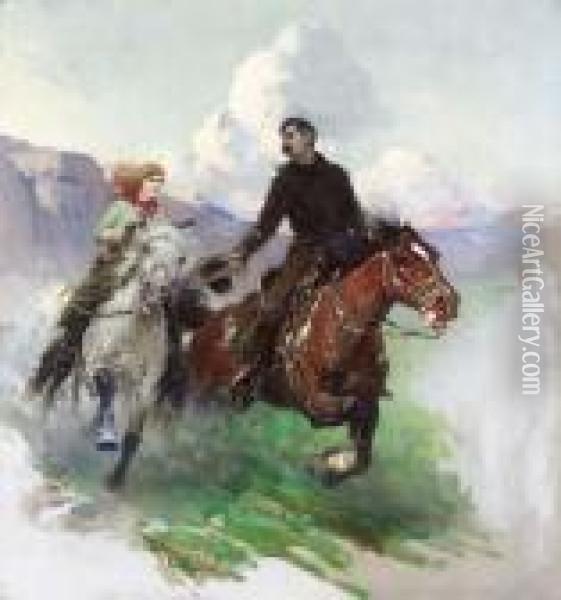 Riding Hard With Two Shooters Oil Painting - Frank Tenney Johnson