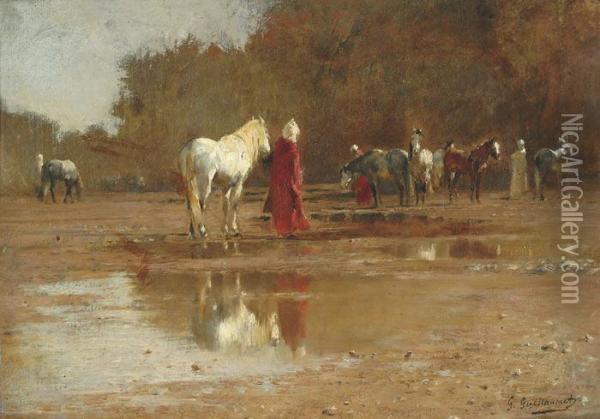 La Halte Au Bord De L'oued Oil Painting - Gustave Achille Guillaumet