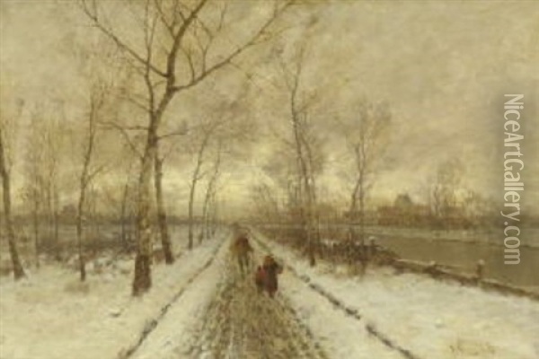 Winterlandschaft Mit Bauern Auf Dem Weg Am Kanal Oil Painting - Johann Jungblut