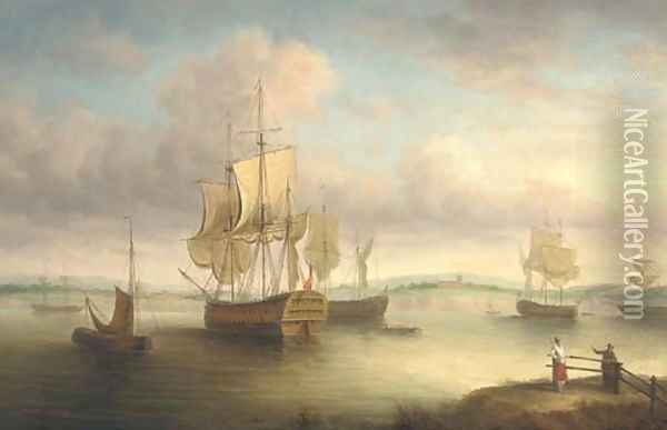 Ships at anchor in an estuary Oil Painting - James Hardy Jnr