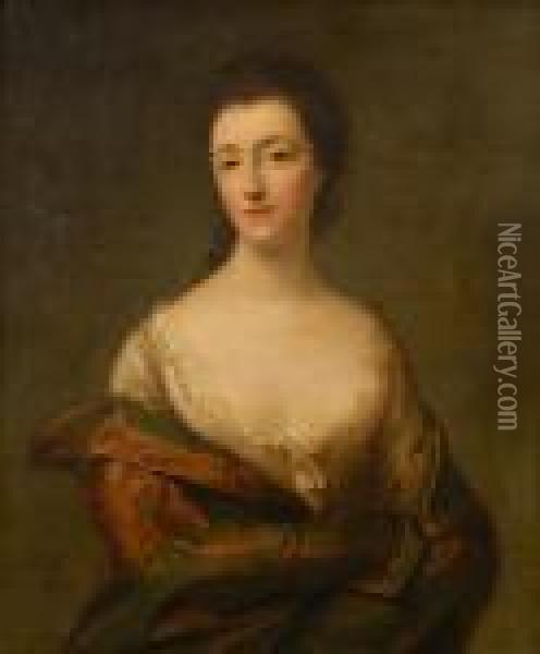 Portrait Of A Lady, Believed To 
Be Lady Juliana Colyer, Half Length, In Low Cut Lace Edged White Gown 
And Satin Cloak Oil Painting - Nathaniel Hone