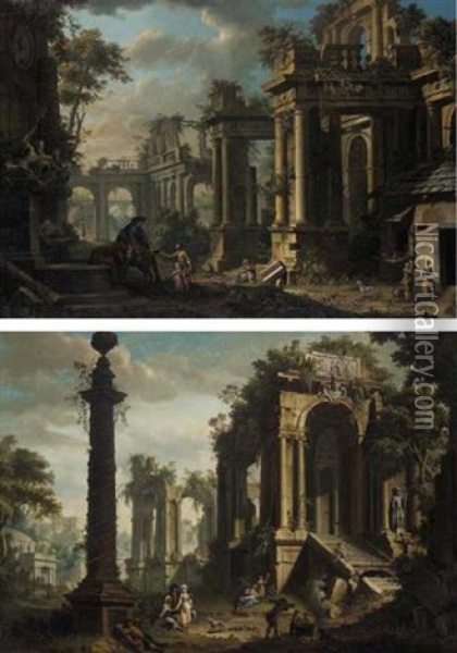 An Architectural Capriccio With Figures By A Fountain Oil Painting - Giovanni Battista Innocenzo Colombo