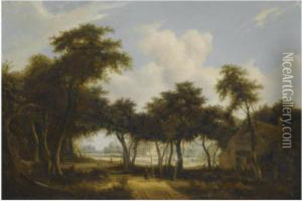 A Wooded Landscape With Figures On A Track In The Foreground Oil Painting - Meindert Hobbema