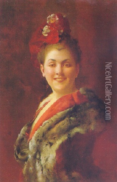 Lady With A Chinchilla Cape Oil Painting - Gustave Jean Jacquet