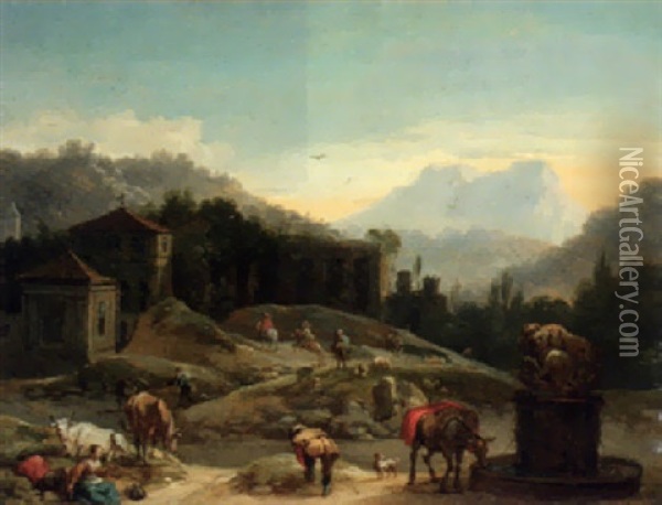An Italianate Landscape With Travellers And Herdsmen On A Hillside Oil Painting - Karel Dujardin