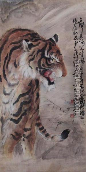 Scroll Depicting A Tiger Oil Painting - Gao Qifeng
