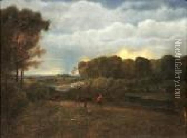 Romantische Landschaft Mit Viehhirten Der Seine Herde Zum Gehoft Treibt Oil Painting - Jan Hackaert