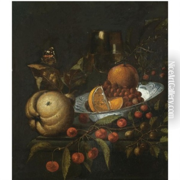 A Still Life With Oranges And Wild Strawberries In A Blue And White Porcelain Bowl, Together With Gooseberries, Cherries, A Roemer Of Wine, A Pear And A Butterfly On A Stone Ledge Oil Painting - Martinus Nellius