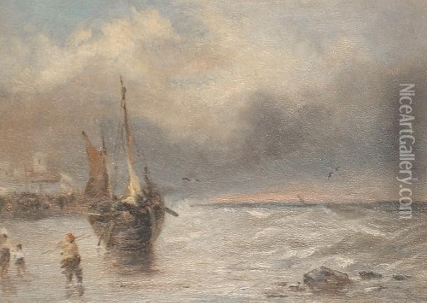 A Beached Fishing Vessel Oil Painting - S.L. Kilpack