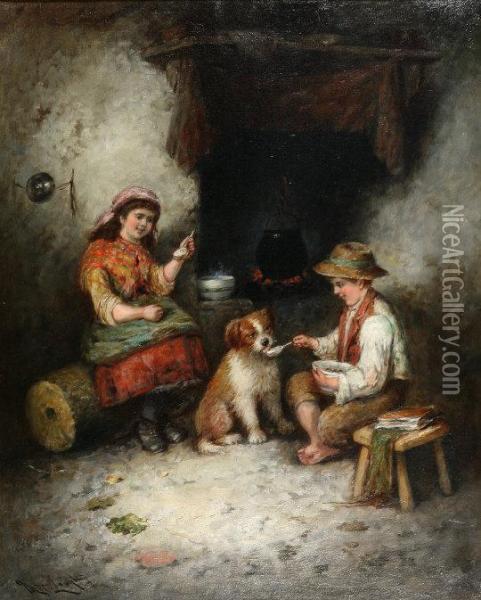 Cottage Interior With Young Girl And Boy Feeding A Dog Oil Painting - Mark W. Langlois